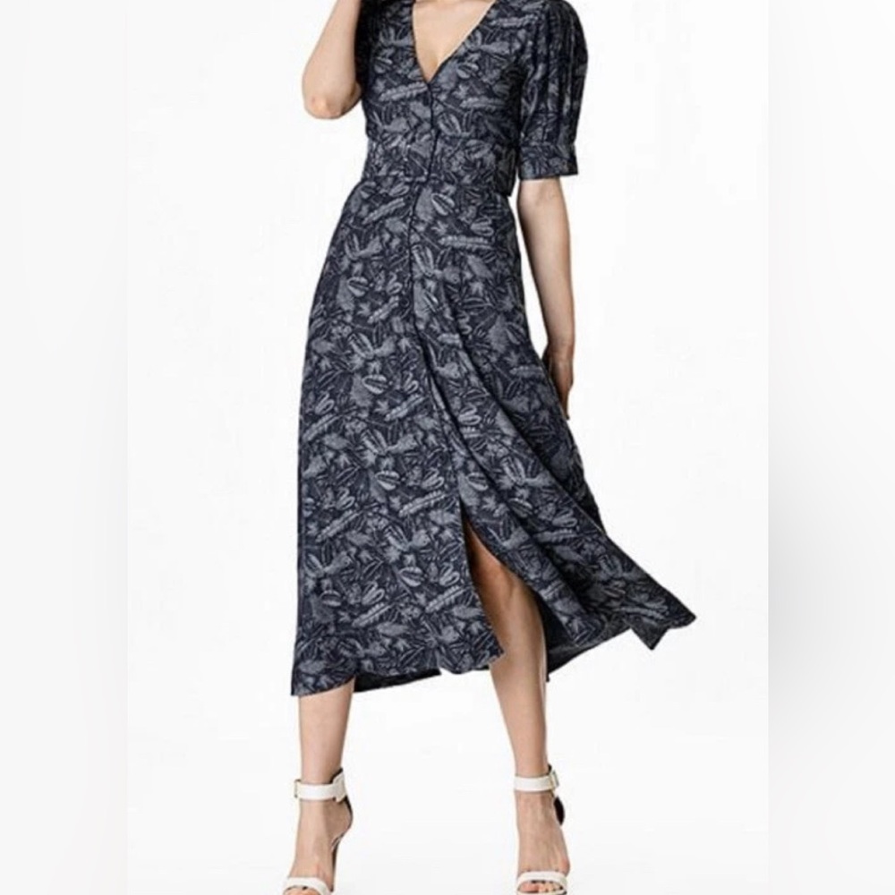 eShakti Wayward Fancies Leaf Print Cotton Denim Wide Belt Dress .